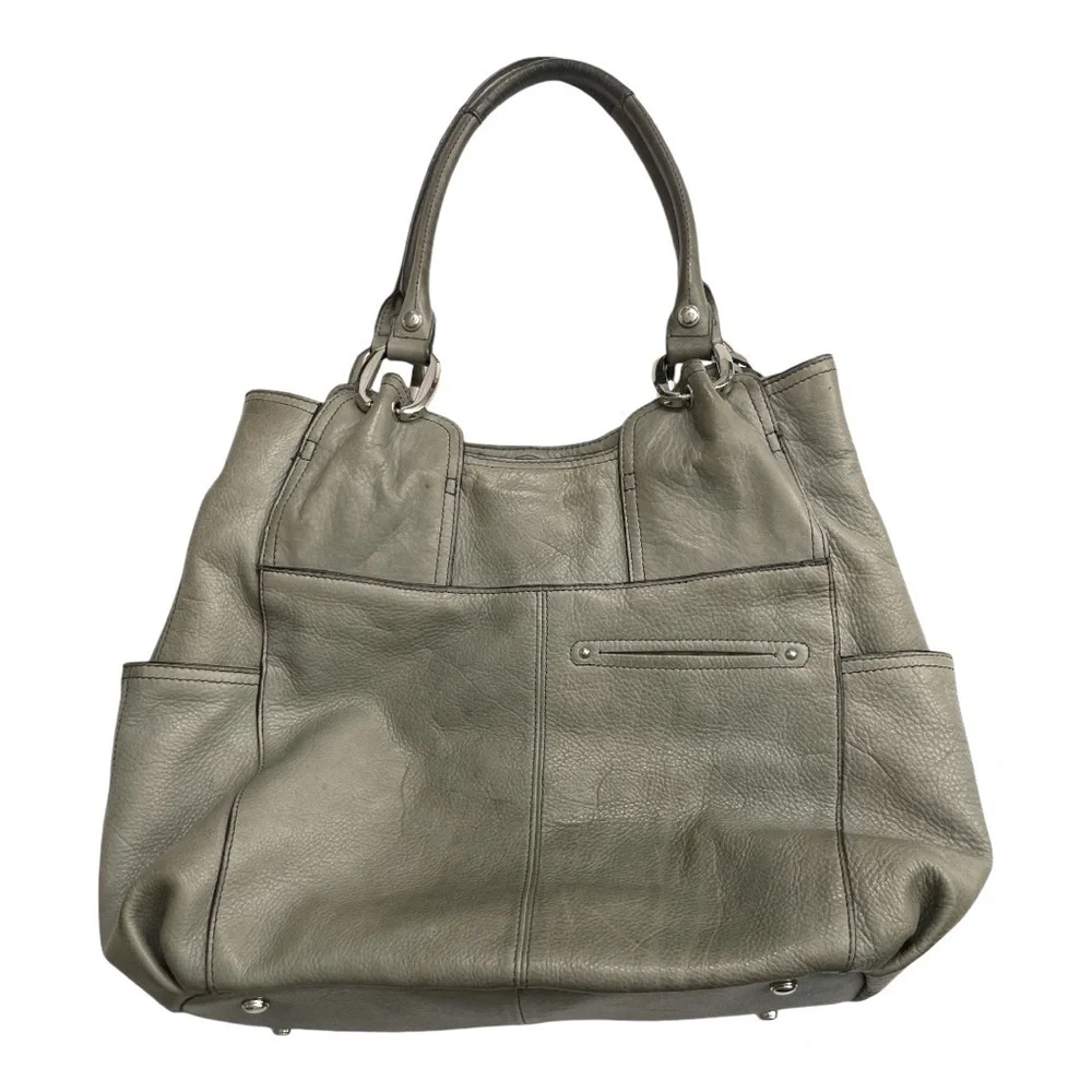 B. Makowsky Gray Pebbled Leather Hobo Shoulder Tote Bag Large Silver Hardware